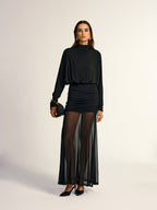 Turtleneck Long Sleeve Drape Ruched Mesh Dress Elegant Party Evening Wear