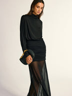 Turtleneck Long Sleeve Drape Ruched Mesh Dress Elegant Party Evening Wear