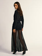 Turtleneck Long Sleeve Drape Ruched Mesh Dress Elegant Party Evening Wear