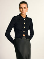 Metal Button Fitted Collared Knit Top for Women, Comfortable Stretch Fit