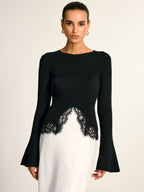Lace Hem Bell Sleeve Wool Blend Knit Top for Women, Elegant Casual Style