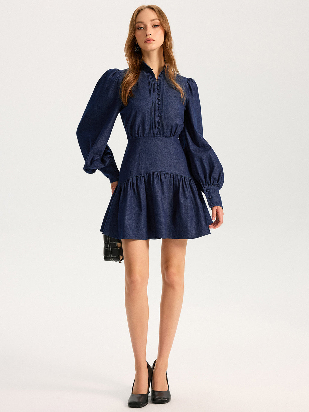 Denim Stand Collar Puff Sleeve Mini Dress for Women, Casual Style