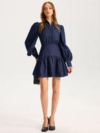 Denim Stand Collar Puff Sleeve Mini Dress for Women, Casual Style