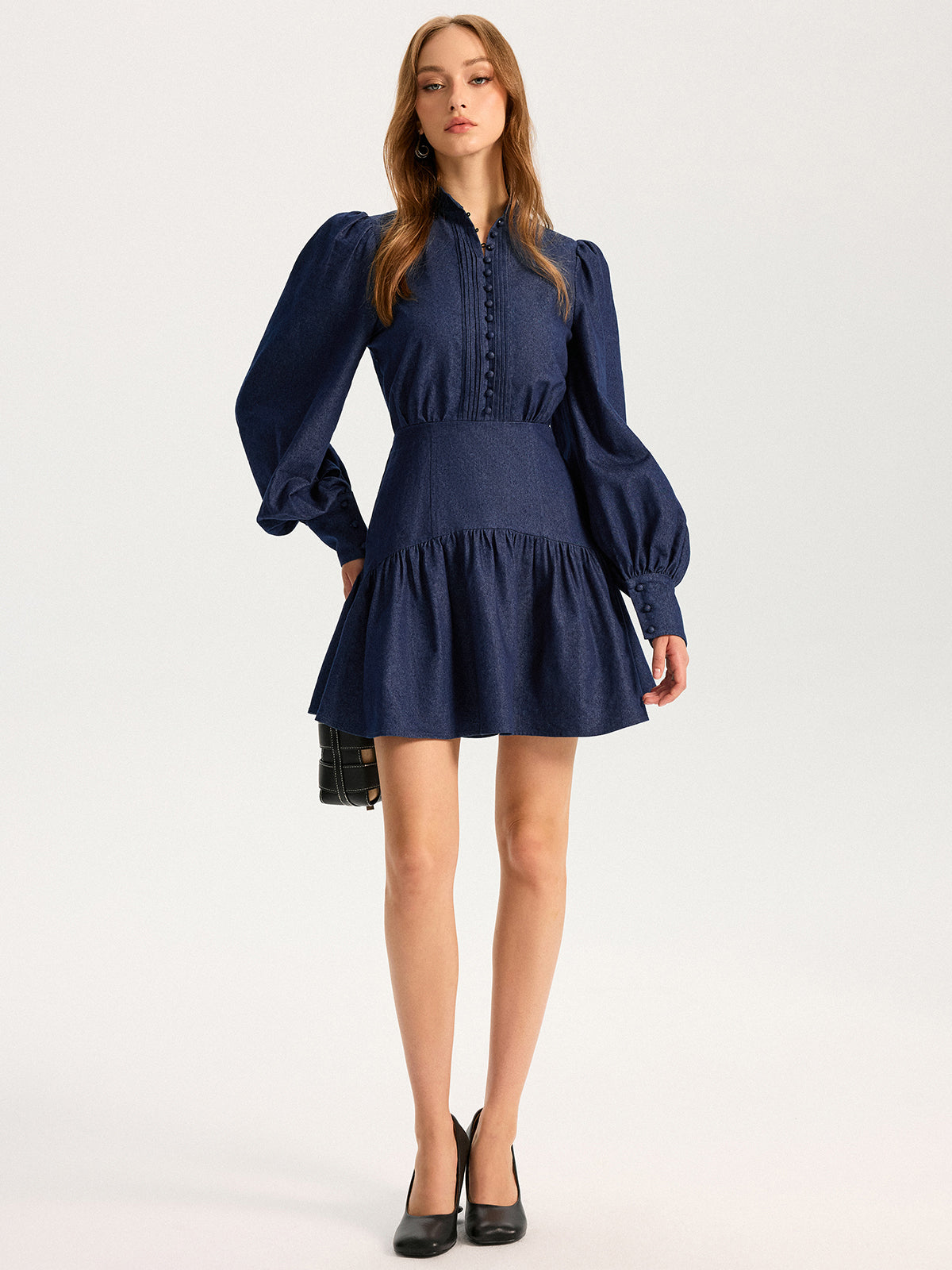Denim Stand Collar Puff Sleeve Mini Dress for Women, Casual Style