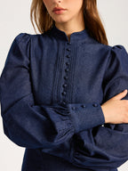 Denim Stand Collar Puff Sleeve Mini Dress for Women, Casual Style