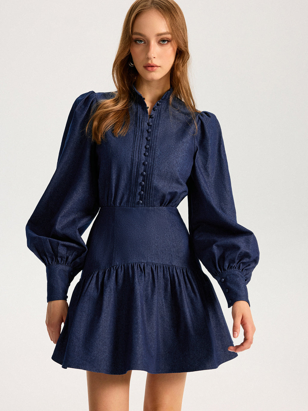 Denim Stand Collar Puff Sleeve Mini Dress for Women, Casual Style