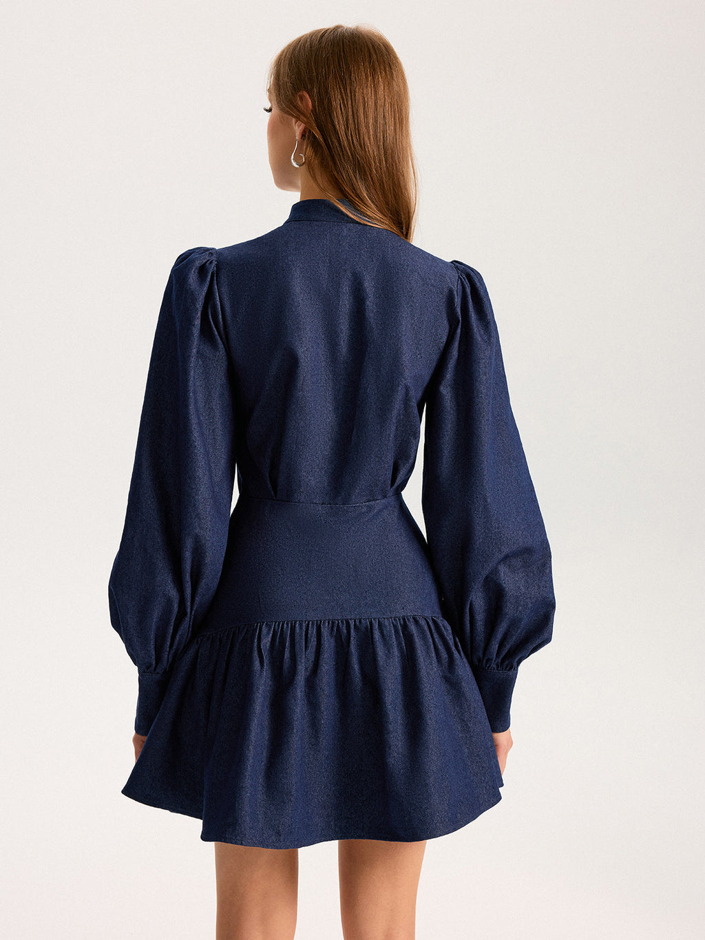 Denim Stand Collar Puff Sleeve Mini Dress for Women, Casual Style