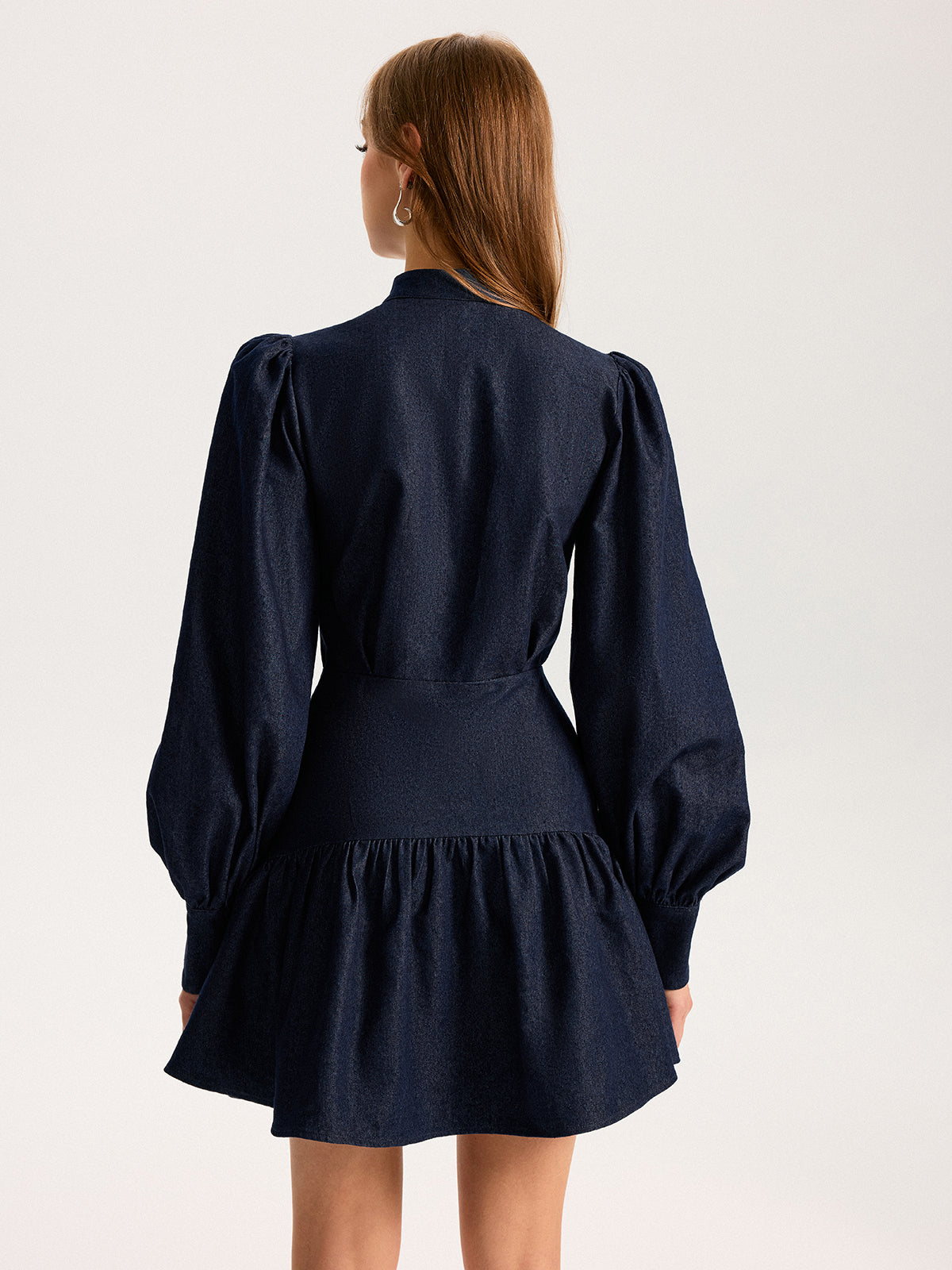 Denim Stand Collar Puff Sleeve Mini Dress for Women, Casual Style