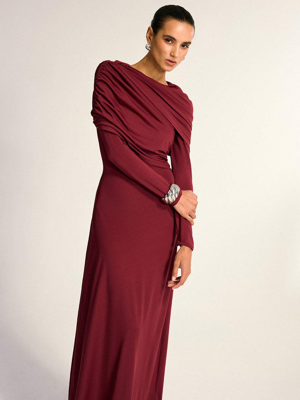 Draped Long Sleeve Maxi Dress Elegant Evening Wear