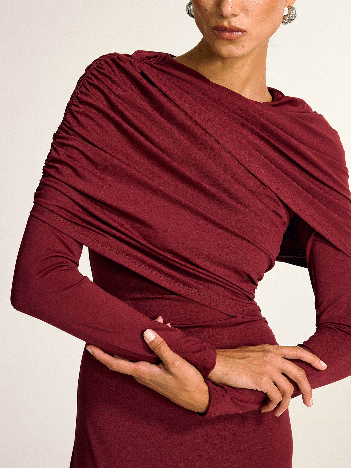 Draped Long Sleeve Maxi Dress Elegant Evening Wear