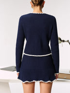Contrast Scalloped Trim Metal Button Cardigan with Elegant Design