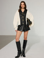 Leather Patchwork Button Down Cardigan with Pockets for Men