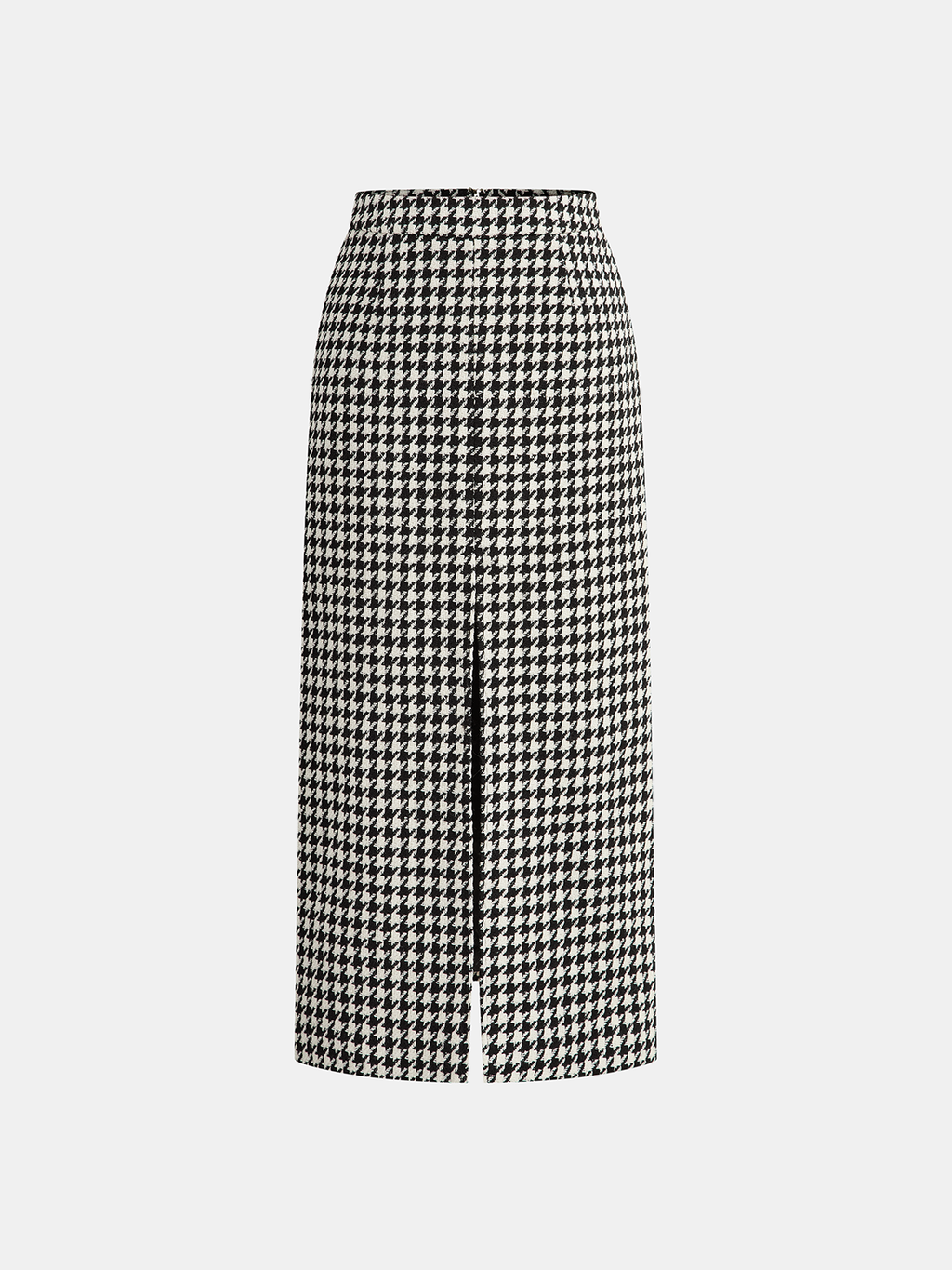 Houndstooth Tweed Slit Front Maxi Skirt - Elegant High-Waist Design
