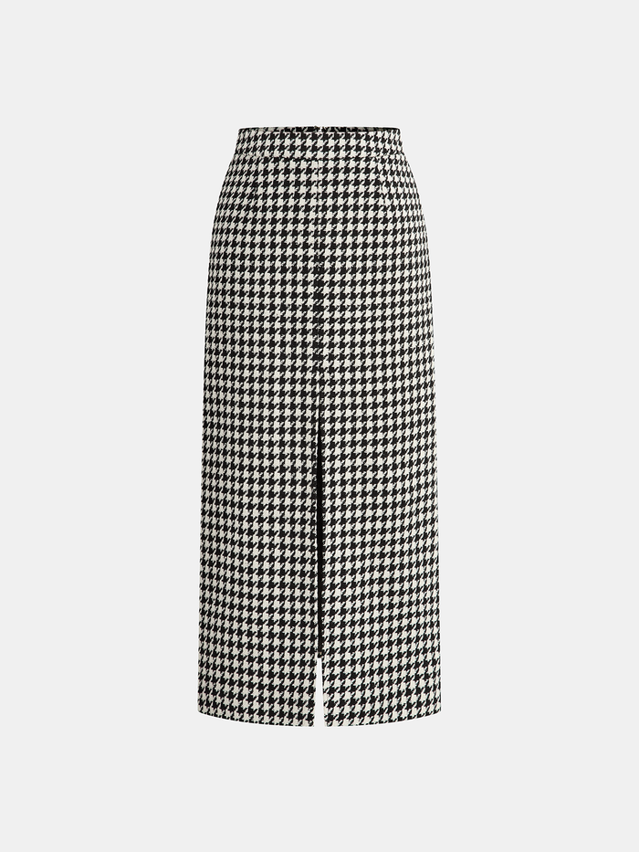 Houndstooth Tweed Slit Front Maxi Skirt - Elegant High-Waist Design