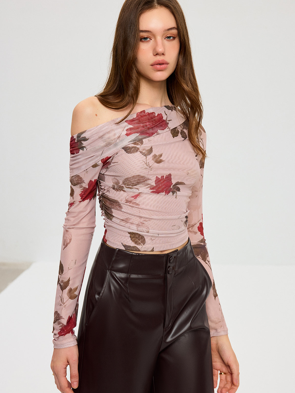 Floral Print Off-Shoulder Mesh T-Shirt Trendy Summer Casual Wear