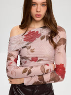 Floral Print Off-Shoulder Mesh T-Shirt Trendy Summer Casual Wear