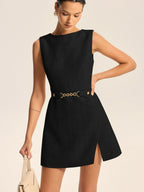 Tweed Slit Mini Dress with Detachable Belt, Elegant Office Wear
