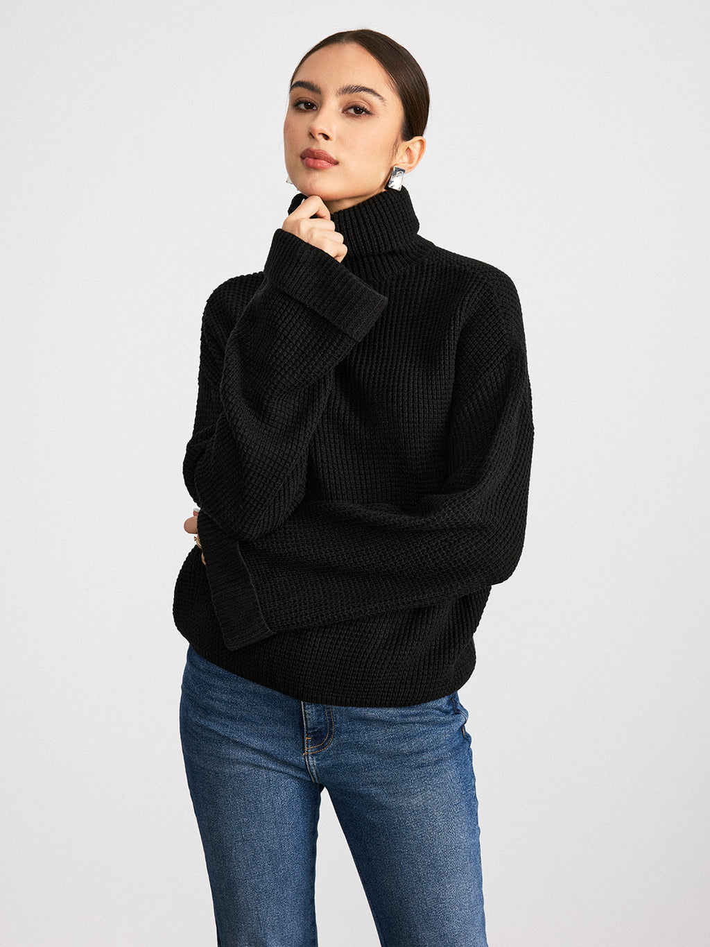 Turtleneck Waffle-Knit Long Sleeve Sweater | Cozy Winter Essential Pullover