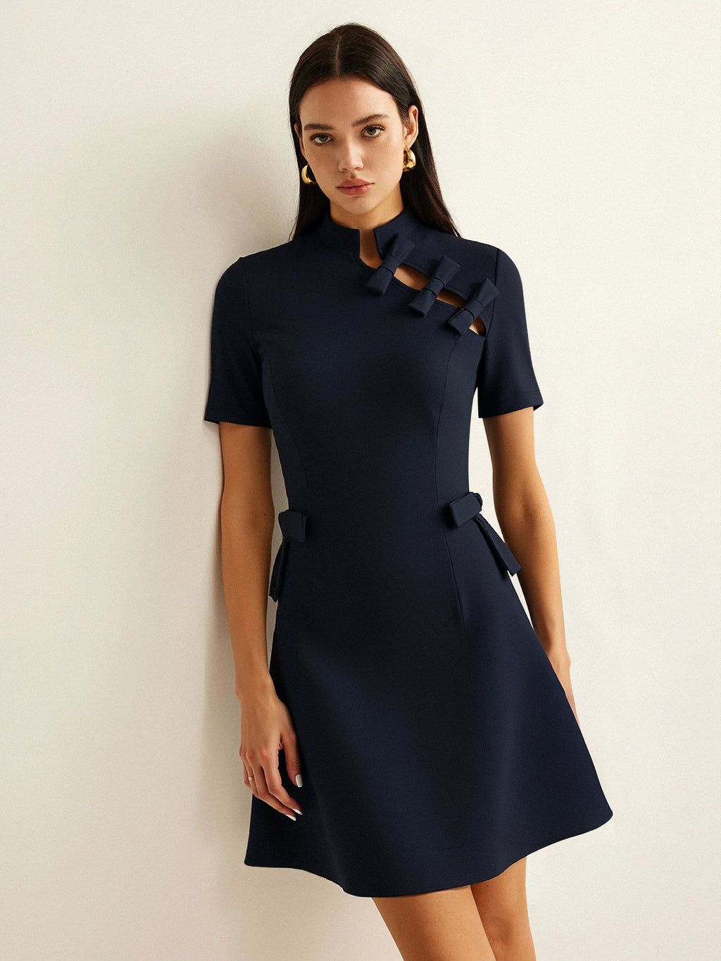 Bow Cut-Out Stand Collar Short Sleeve Dress with Pockets and Belted Waist