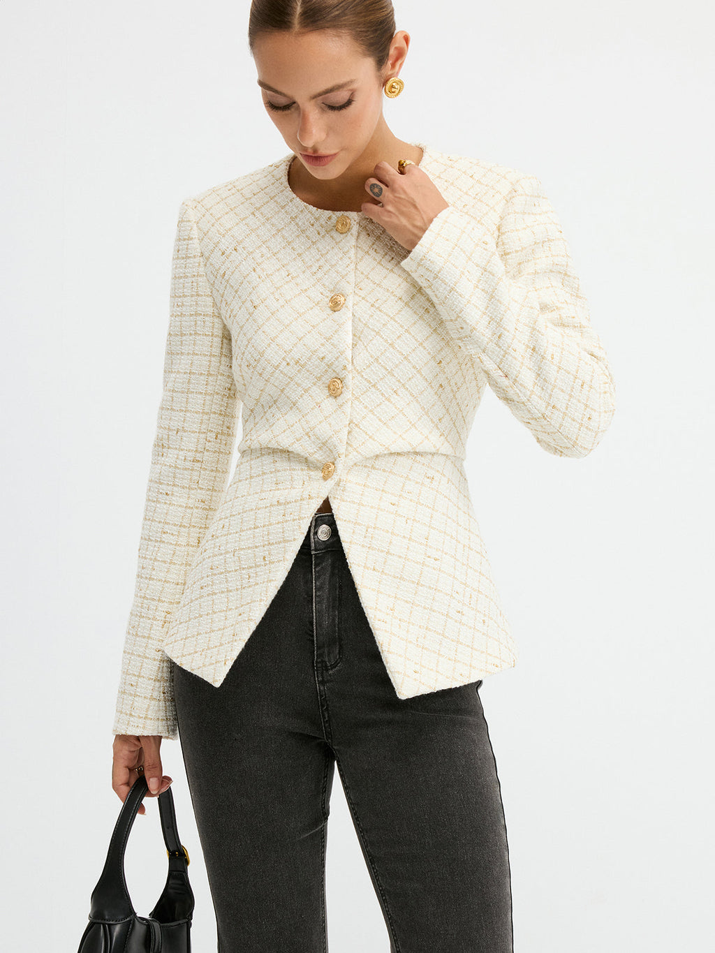Tweed Round Neck Waist-Cinching Blazer for Women in Classic Design