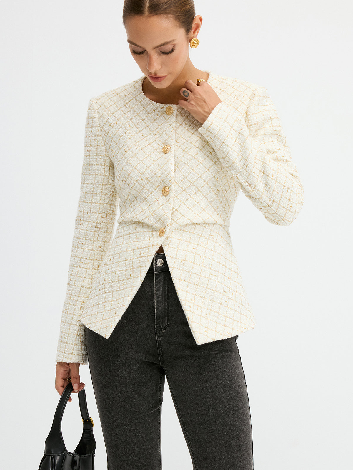 Tweed Round Neck Waist-Cinching Blazer for Women in Classic Design