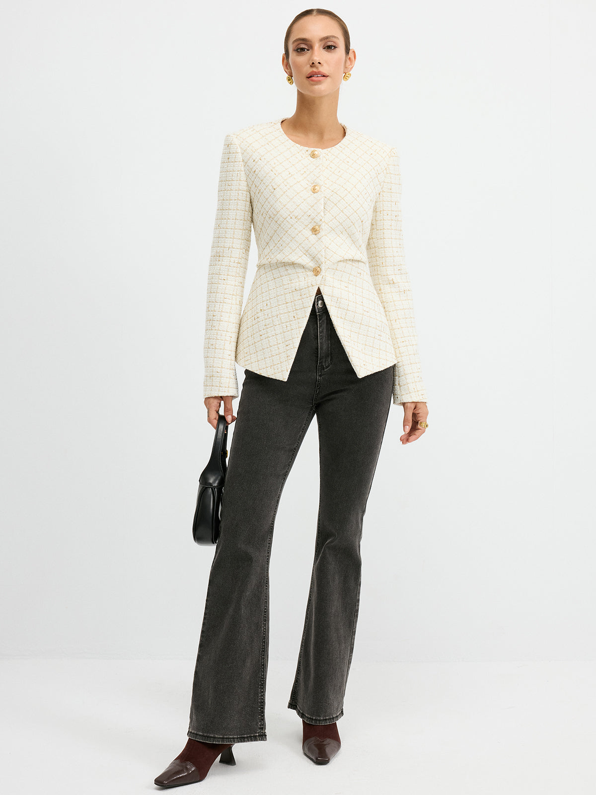 Tweed Round Neck Waist-Cinching Blazer for Women in Classic Design