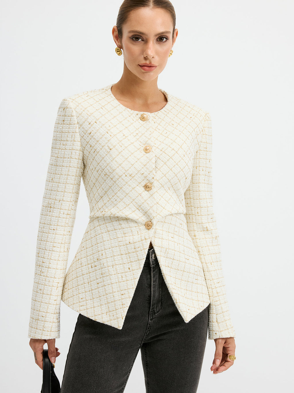 Tweed Round Neck Waist-Cinching Blazer for Women in Classic Design