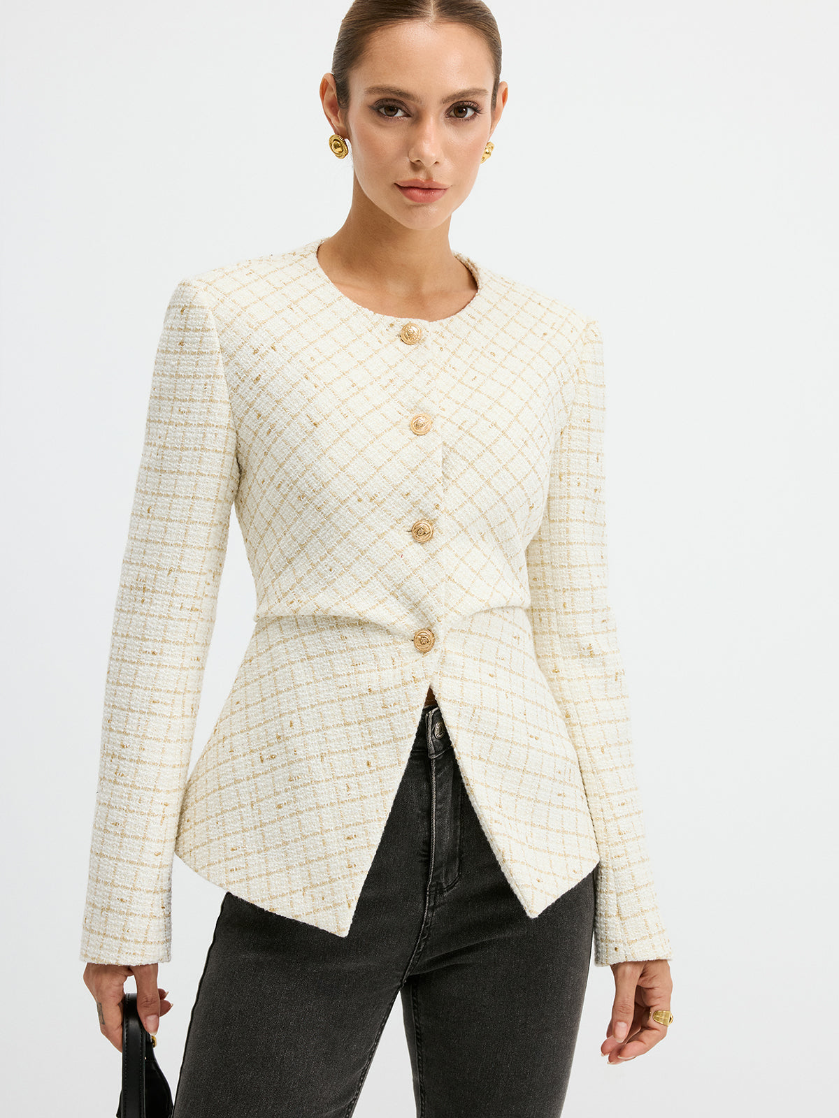 Tweed Round Neck Waist-Cinching Blazer for Women in Classic Design