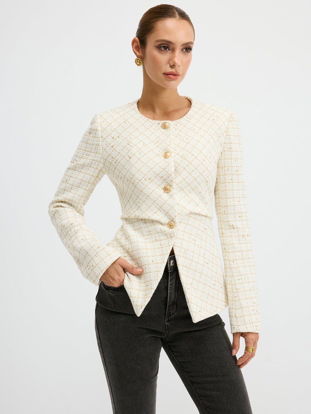 Tweed Round Neck Waist-Cinching Blazer for Women in Classic Design