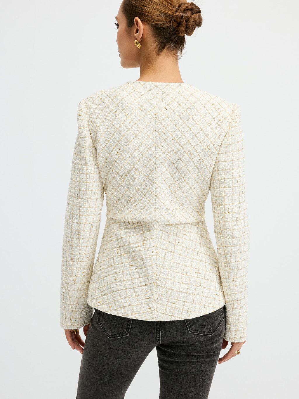 Tweed Round Neck Waist-Cinching Blazer for Women in Classic Design