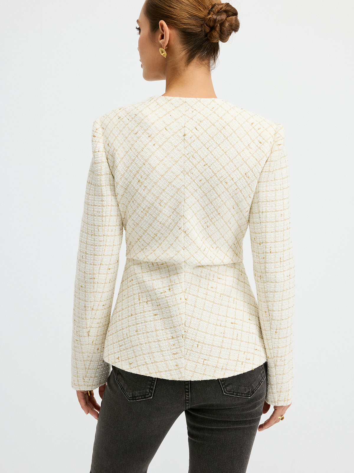 Tweed Round Neck Waist-Cinching Blazer for Women in Classic Design