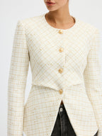 Tweed Round Neck Waist-Cinching Blazer for Women in Classic Design