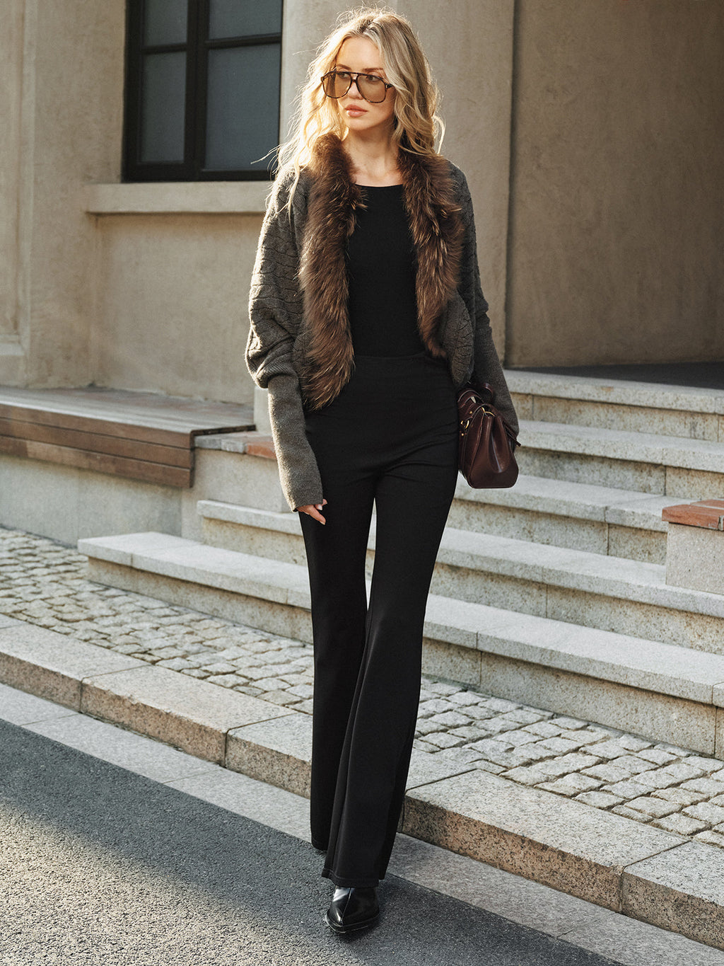 Faux Fur Collar Wool Blend Knit Outerwear for Women, Stylish Winter Coat