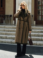 Double-Breasted Fleece Lined Faux Leather Longline Coat, Stylish Winter Outerwear for Women