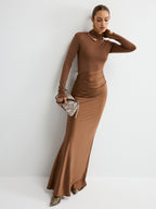 Satin Panel Mock Neck Long Sleeve Maxi Dress Elegant Formal Evening Gown