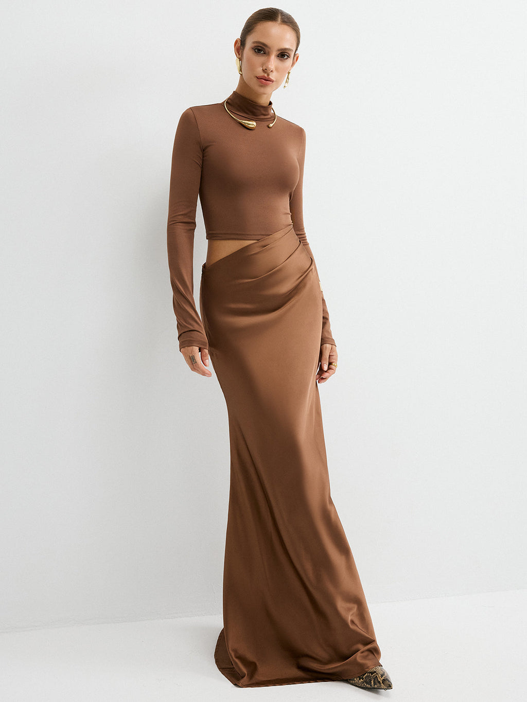 Satin Panel Mock Neck Long Sleeve Maxi Dress Elegant Formal Evening Gown