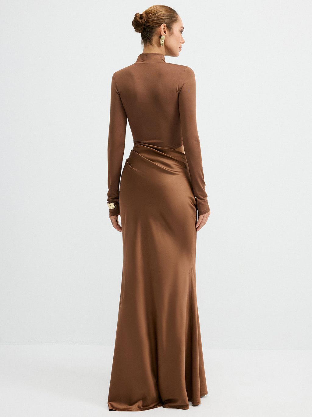 Satin Panel Mock Neck Long Sleeve Maxi Dress Elegant Formal Evening Gown
