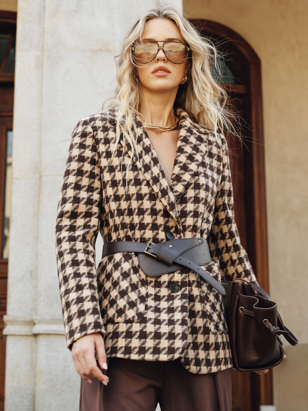 Houndstooth Belted Blazer with Classic Tailored Fit
