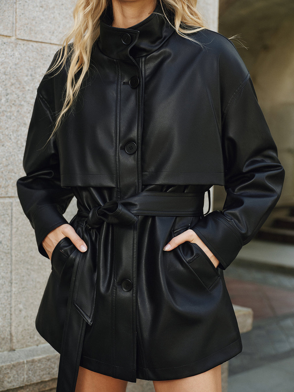 Stand Collar Belted PU Leather Quilted Jacket for Women Stylish Winter Coat