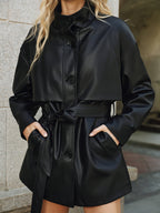 Stand Collar Belted PU Leather Quilted Jacket for Women Stylish Winter Coat