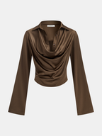 Satin Cowl Neck Long Sleeve Shirt Elegant Blouse for Women