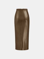 Ruched Slit PU Leather Midi Skirt High Waist Fashionable Style