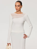 Sheer Panel Ribbed Knit Top for Women Casual Fit