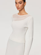 Sheer Panel Ribbed Knit Top for Women Casual Fit