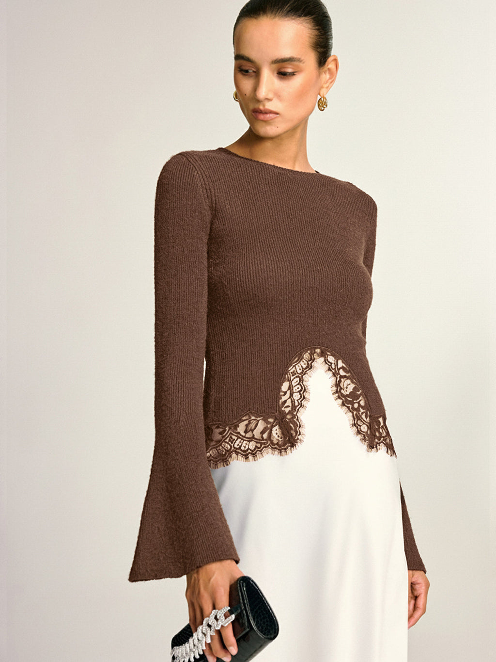 Lace Hem Bell Sleeve Wool Blend Knit Top for Women, Elegant Casual Style