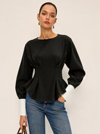 Round Neck Balloon Sleeve Peplum Sweatshirt with Ribbed Cuffs and Hem