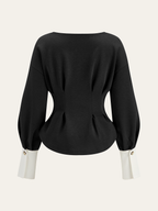 Round Neck Balloon Sleeve Peplum Sweatshirt with Ribbed Cuffs and Hem