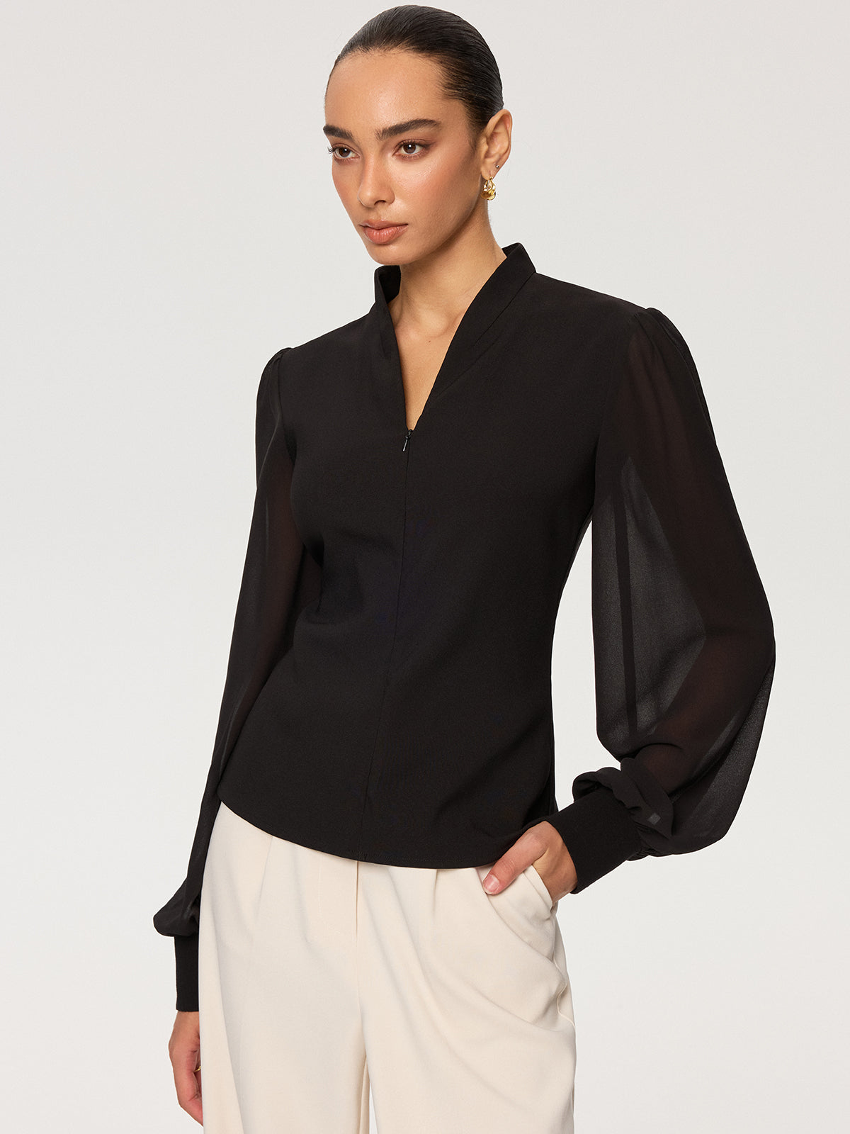 Zip Detail Chiffon Sleeves Blouse for Women with Elegant Design