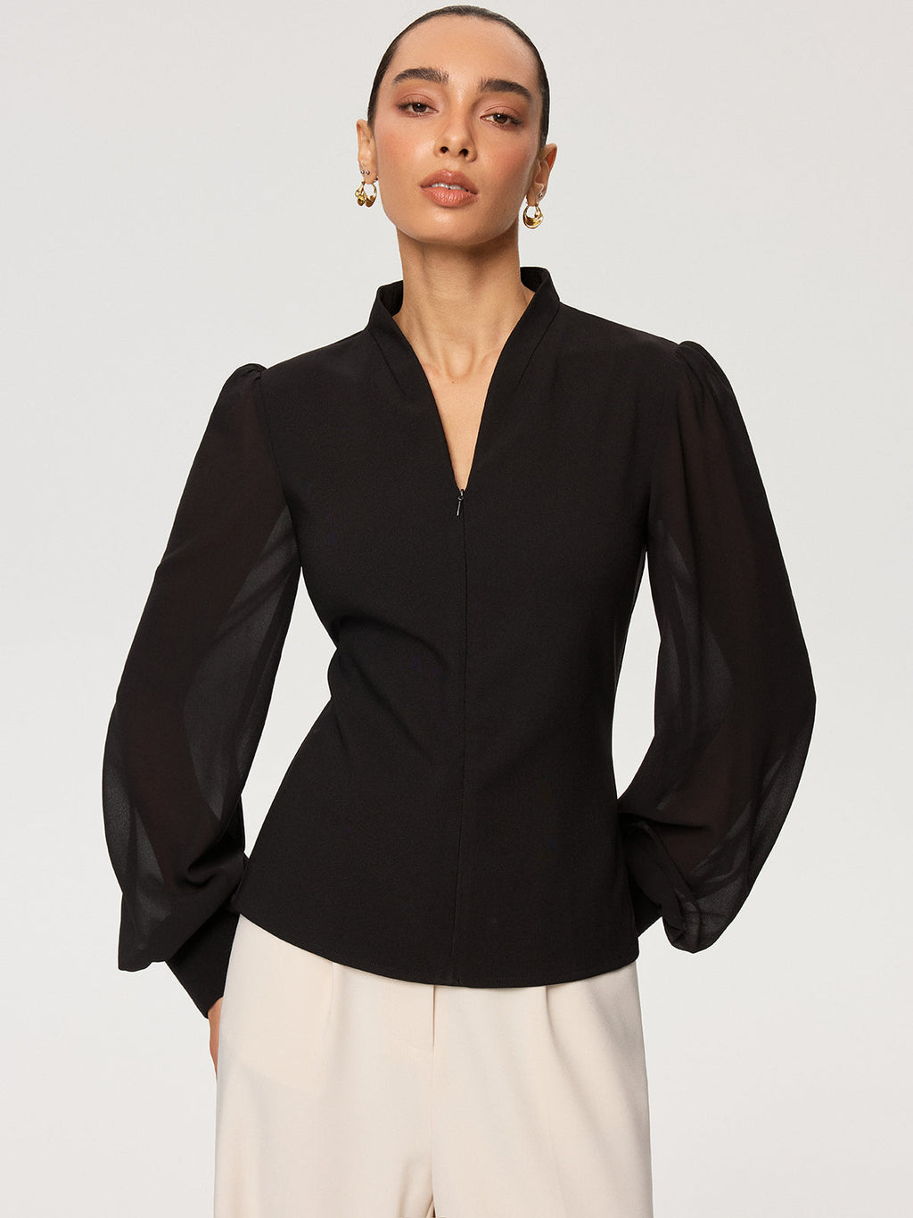 Zip Detail Chiffon Sleeves Blouse for Women with Elegant Design