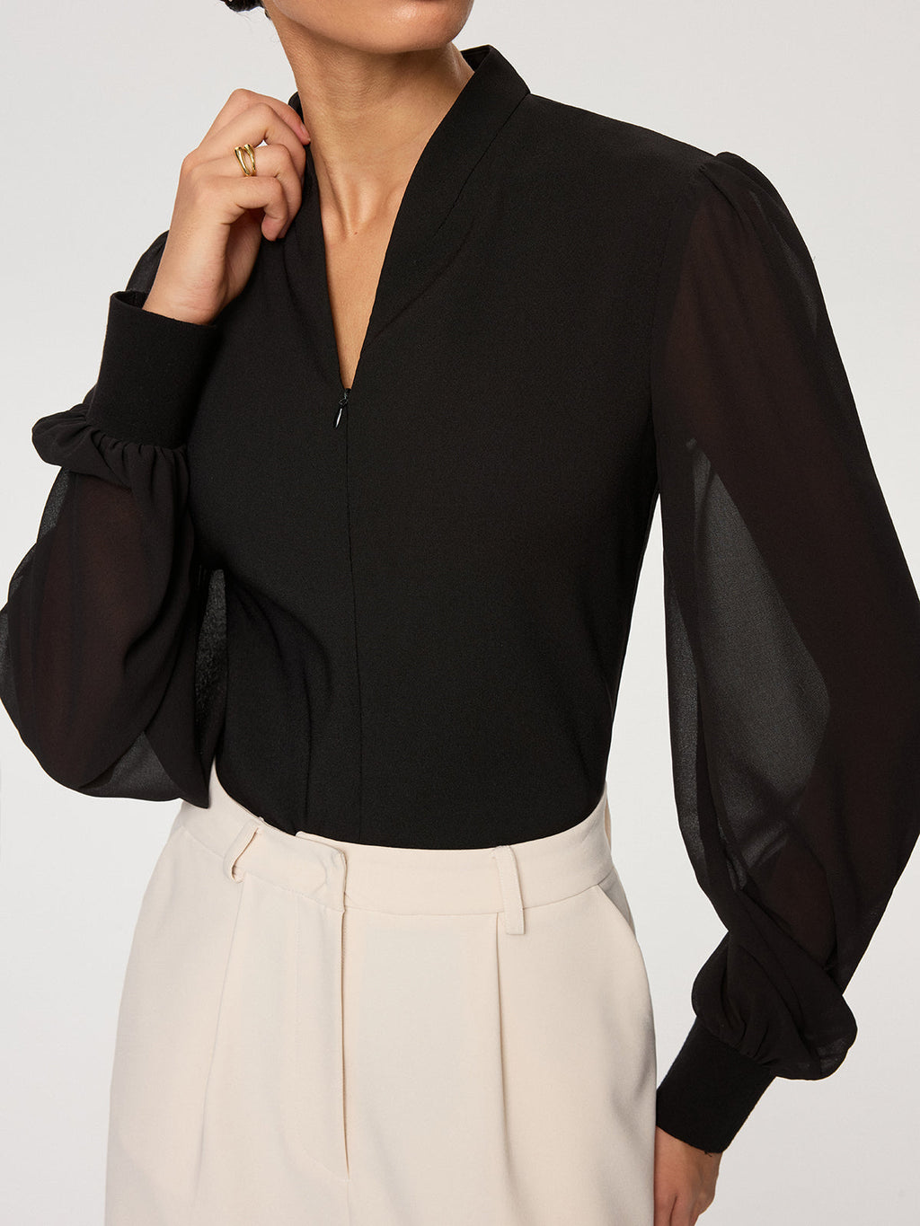 Zip Detail Chiffon Sleeves Blouse for Women with Elegant Design